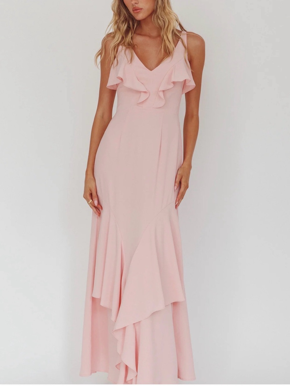 Blush Pink Ruffle V-Neck Maxi Dress